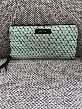 kate spade Mint and Cream Polka Dot Zip Wallet with Black Trim